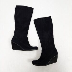 Y2K Black Knee High Wedge Boots Zip A2 By Aerosoles Faux Suede Moc Stitch